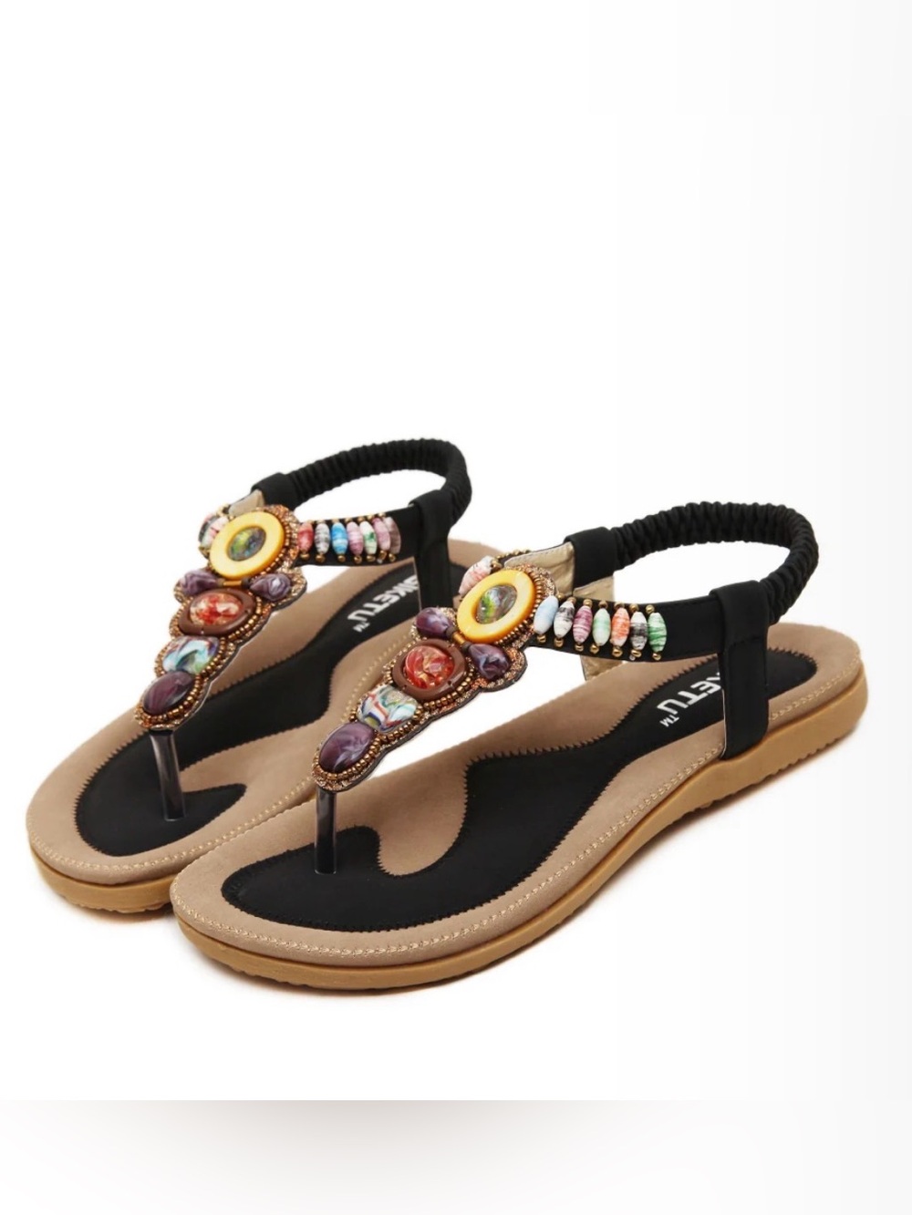Siketu Marble Beaded Black T-Strap Sandals